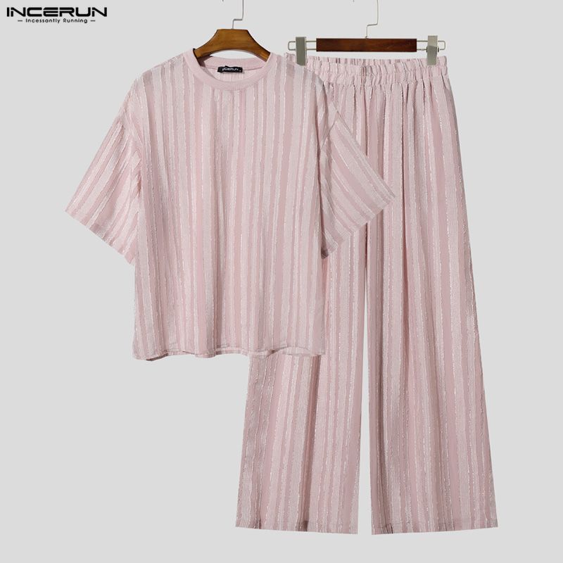 INCERUN メンズセット ストライプ柄 シースルー 半袖 - Men'S Fashion Trousers のレビューと価格