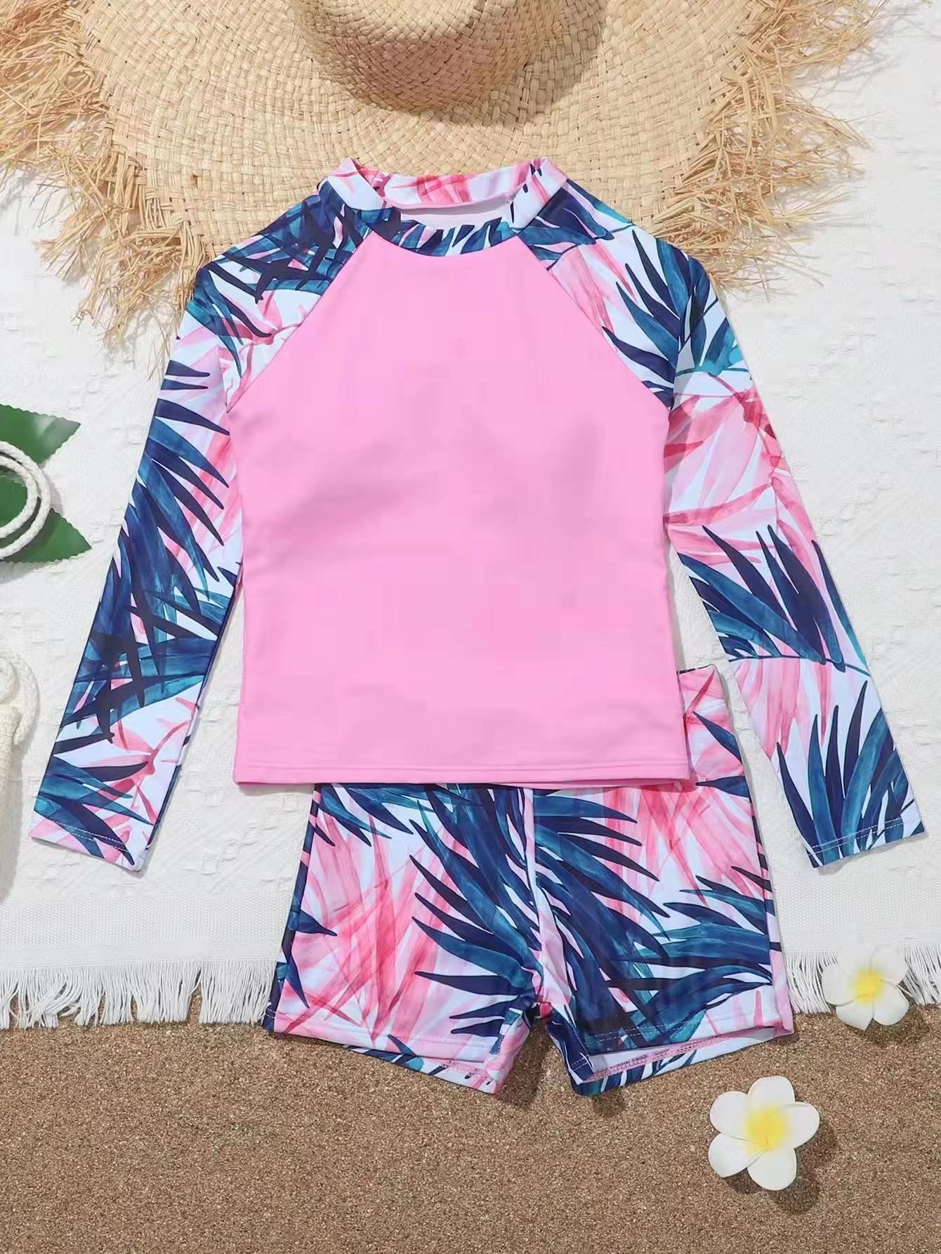 女の子水着 2024 新ピンクプリント長袖子供水着夏子供ビー - Swim Trunk Shorts のレビューと価格
