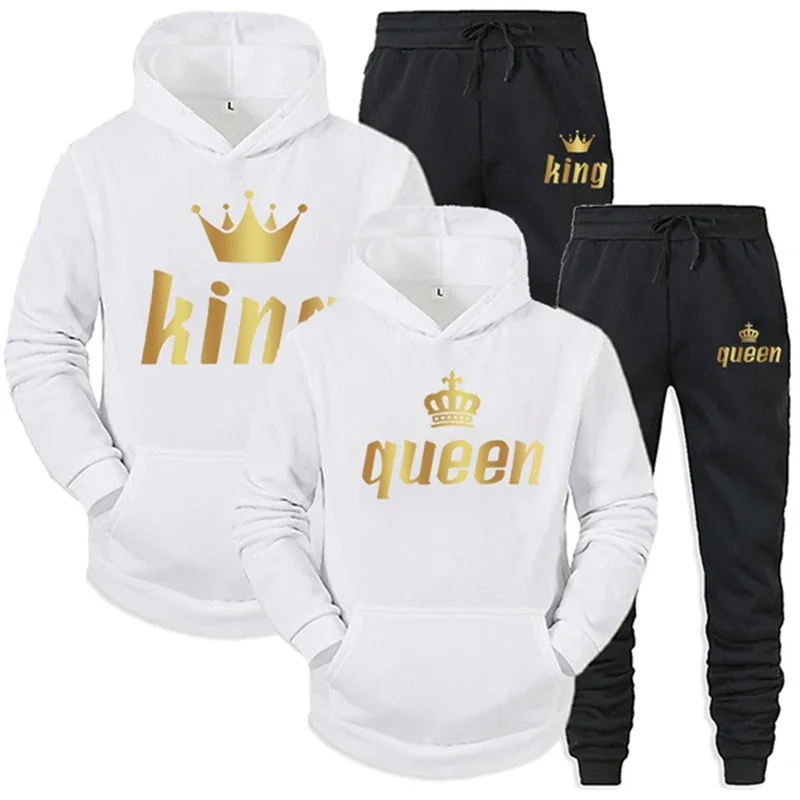 男性女性トラックスーツキングとクイーンレタープリントパーカー - Men Fashion King のレビューと価格