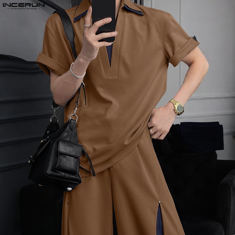男性セットパッチワークラペル半袖シャツ & パンツ 2 枚セ - Mens Fashion Suits のレビューと価格