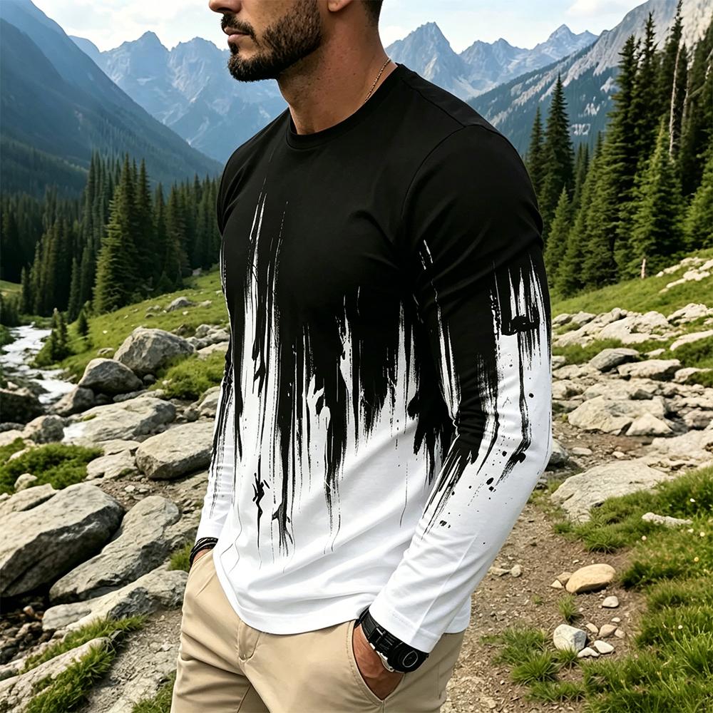 メンズグラデーションインクスプラッシュ長袖Tシャツカジュアル - Mens Fashion Streetwear のレビューと価格